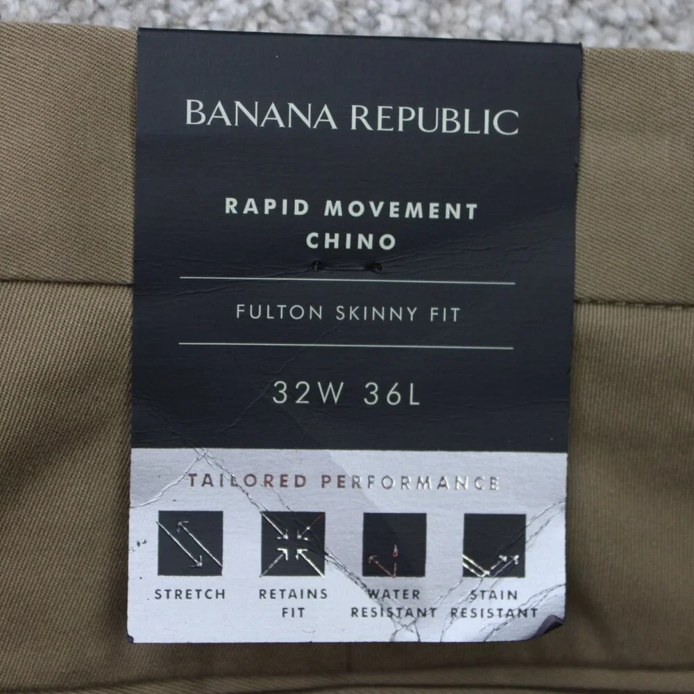 Banana Republic Pants NWT Men 32x36 Beige Rapid Movement Chino Fulton Skinny Fit